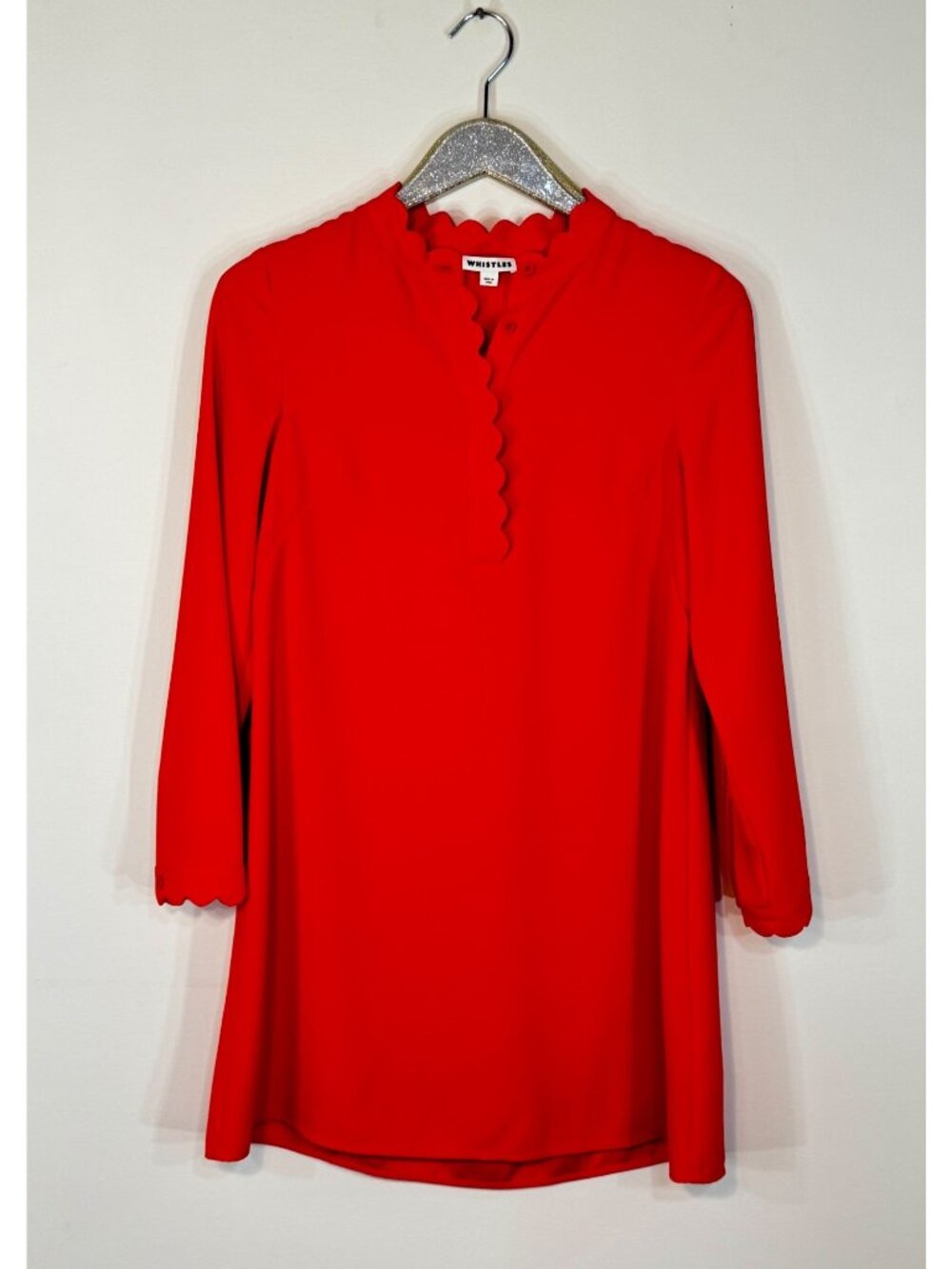 Whistles Red Scalloped Collar Crepe Shift Dress US 6 / UK 10 — Mock Neck, Long S - Picture 2 of 7